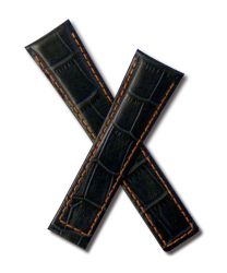22/18 mm navy blue genuine leather crocodile-style deployment type strap with orange stitching to fit TAG Heuer Monaco models listed below - please read clasp fitment notes