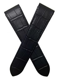 24 mm Black crocodile pattern leather deployment watch strap with matching black stitching to fit Cartier Santos watches