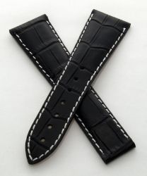 24/18 mm black genuine leather crocodile-style deployment strap with white stitching to fit Omega Railmaster XXL models