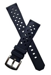 20 mm Black sports perforated rubber watch strap with brushed stainless steel buckle