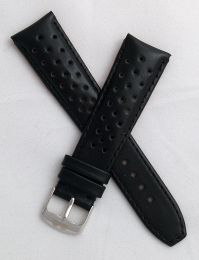 22 mm Heuer Carrera Style Black Sports perforated pin buckle leather strap
