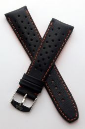 22 mm Heuer Carrera Style Black Sports perforated pin buckle leather strap with orange stitching & lining