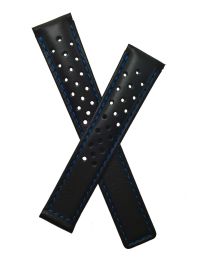 Black Sports perforated leather strap with blue stitching & lining to fit TAG Heuer Carrera models with 18/16 mm straps