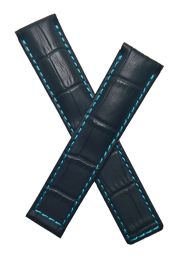 19/18 mm black crocodile-style genuine leather deployment type strap with turquoise stitching & lining to fit TAG Heuer Carrera models listed below - please read clasp fitment notes
