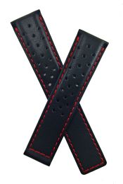 20/18 mm black sports perforated genuine leather deployment type strap with red stitching to fit TAG Heuer Carrera models listed below - please read clasp fitment details
