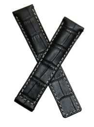 20/18 mm black crocodile-style genuine leather deployment type strap with white stitching to fit TAG Heuer Carrera models listed below - please read clasp fitment notes