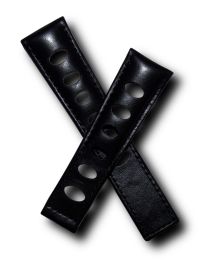 22/18 mm black rally-style genuine leather deployment type strap with black stitching to fit TAG Heuer Targa Florio models listed - please read clasp fitment notes