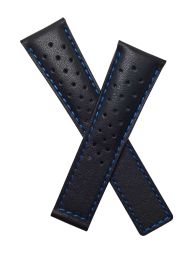 22/18 mm black genuine leather sports perforated deployment type strap with blue stitching to fit TAG Heuer Targa Florio models listed - please read clasp fitment notes