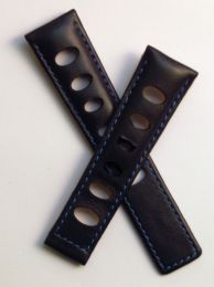 22/18 mm black rally-style genuine leather deployment type strap with blue stitching to fit TAG Heuer Targa Florio models listed - please read clasp fitment notes
