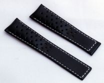 22/18 mm black genuine leather sports perforated deployment type strap with white stitching to fit TAG Heuer Targa Florio models listed - please read clasp fitment notes