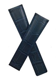 22/18 mm navy blue crocodile-style genuine leather deployment type strap with blue stitching to fit TAG Heuer Monaco models listed - please read clasp fitment notes