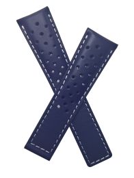 22/18 mm navy blue sports perforated genuine leather deployment type strap with white stitching to fit TAG Heuer Monaco models listed - please read clasp fitment notes