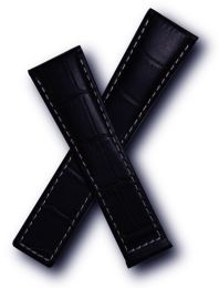 22/18 mm navy blue crocodile-style genuine leather deployment type strap with white stitching to fit TAG Heuer Monaco models listed - please read clasp fitment notes
