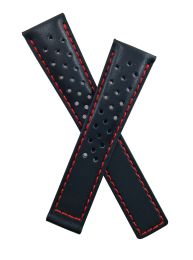 20/16 mm black sports perforated genuine leather strap with red stitching to fit TAG Heuer Monza models listed. Please read clasp fitment details.