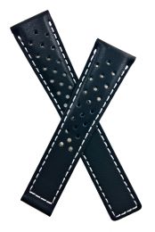 20/16 mm black sports perforated genuine leather strap with white stitching to fit TAG Heuer Monza models listed. Please read clasp fitment details.