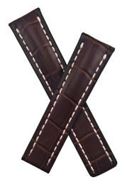 Brown 22 mm genuine leather deployment strap with white stitching & black edging to fit Breitling watches 
