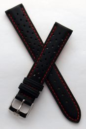 18 mm Heuer Carrera Style Black Sports perforated pin buckle leather strap with red stitching