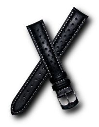 18 mm Heuer Carrera Style Black Sports perforated pin buckle leather strap with white stitching