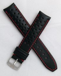 20 mm Black Sports perforated pin buckle leather strap with red stitching & lining to fit TAG Heuer F1 models with 20 mm lug width