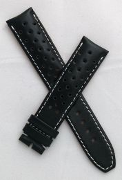 20 mm Black Sports perforated pin buckle leather strap with white stitching to fit TAG Heuer Autavia models