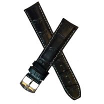 20 mm Black crocodile style genuine leather pin buckle strap with white stitching