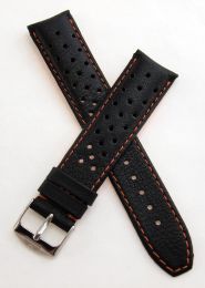 20 mm Heuer Carrera Style Black Sports perforated pin buckle leather strap with orange stitching & lining