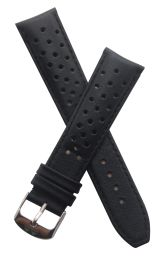 21 mm Heuer Carrera Style Black Sports perforated pin buckle leather strap with black stitching