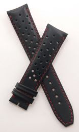 21 mm Black Sports perforated pin buckle leather strap with red stitching & lining