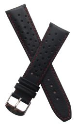 21 mm Heuer Carrera Style Black Sports perforated pin buckle leather strap with red stitching & lining