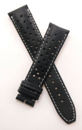 21 mm Black Sports perforated pin buckle leather strap with white stitching