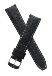 21 mm Heuer Carrera Style Black Sports perforated pin buckle leather strap with white stitching