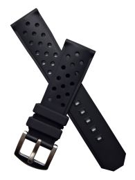 22 mm Black sports perforated rubber watch strap with brushed stainless steel buckle