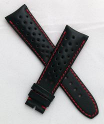 Black Perforated Sports-style leather 22/18 mm pin buckle strap with red stitching & lining to fit TAG Heuer Grand Carrera models with 22 mm lug width