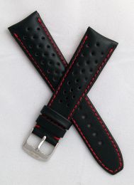 22 mm Black Sports perforated pin buckle leather strap with red stitching & lining to fit TAG Heuer F1 models with 22 mm lug width