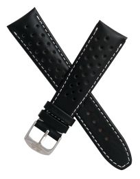 22 mm Black Sports perforated pin buckle leather strap with white stitching to fit TAG Heuer F1 models with 22 mm lug width