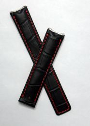 Black crocodile-style leather deployment strap with red stitching to fit TAG Heuer 6000 Series mid-sized models