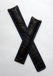 Black crocodile-style leather deployment strap with blue stitching to fit TAG Heuer 6000 Series mid-sized models
