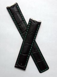 Black crocodile-style leather deployment strap with green stitching to fit TAG Heuer 6000 Series mid-sized models