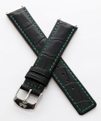Black crocodile-style pin buckle strap with green stitching to fit 6000 Series mid-sized models as listed