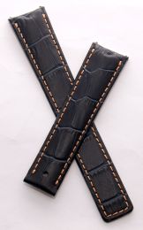 Dark navy blue crocodile-style genuine leather deployment type strap with old gold stitching to fit TAG Heuer 6000 Series gents watches