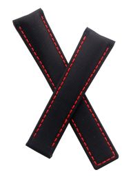 21.5 mm Black fabric strap with red stitching and lining to fit TAG Heuer Aquaracer models listed below - please read clasp fitment notes