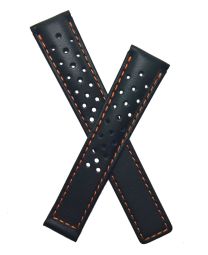 Black Sports perforated leather strap with orange stitching & lining to fit TAG Heuer Carrera models with 18/16 mm straps