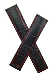 19/18 mm black crocodile-style genuine leather deployment type strap with red stitching & lining to fit TAG Heuer Carrera models listed below - please read clasp fitment notes