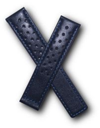 19/18 mm black sports perforated genuine leather deployment type strap with blue stitching & lining to fit TAG Heuer Carrera models listed below - please read clasp fitment notes