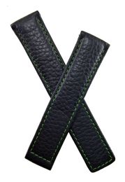 19/18 mm black buffalo grain genuine leather deployment type strap with green stitching & lining to fit TAG Heuer Carrera models listed below - please read clasp fitment notes