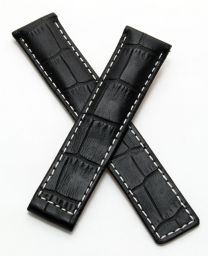 19/18 mm black crocodile-style genuine leather deployment type strap with white stitching to fit TAG Heuer Carrera models listed below - please read clasp fitment notes
