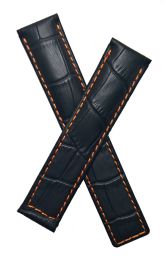 19/18 mm black crocodile-style genuine leather deployment type strap with orange stitching & lining to fit TAG Heuer Carrera models listed below - please read clasp fitment notes