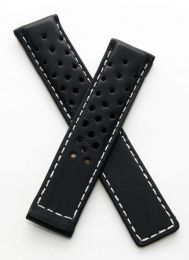 19/18 mm black sports perforated genuine leather deployment type strap with silver stitching to fit TAG Heuer Carrera models listed below - please read clasp fitment notes