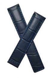 19/18 mm dark navy blue crocodile-style genuine leather deployment type strap with blue stitching to fit TAG Heuer Carrera models listed below - please read clasp fitment notes