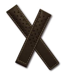 19/18 mm dark brown sports perforated genuine leather deployment type strap with white stitching to fit TAG Heuer Carrera models listed below - please read clasp fitment notes